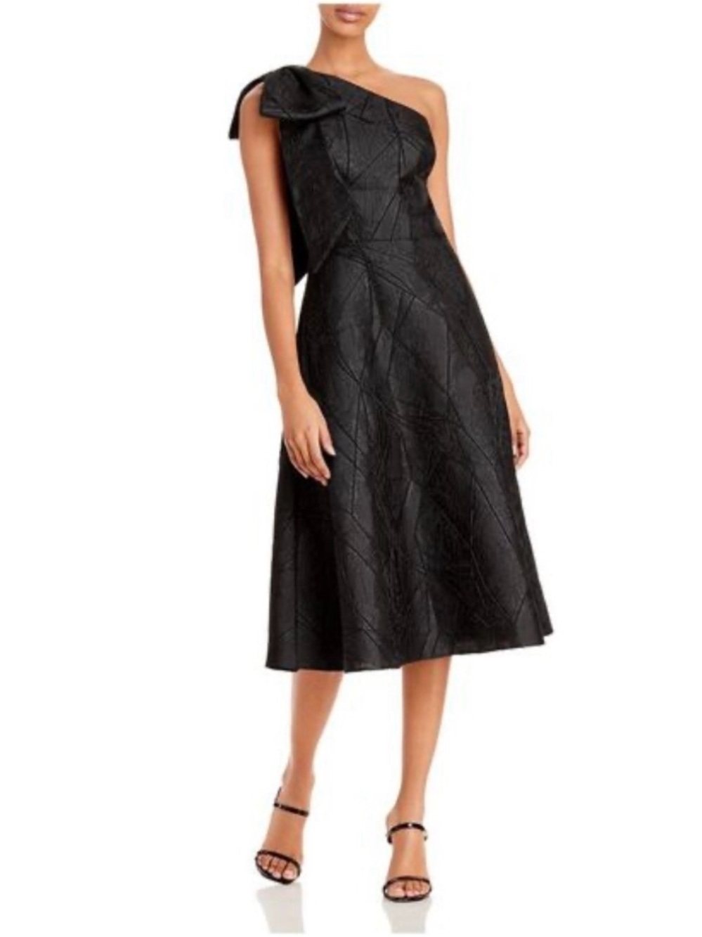 Aidan Mattox One-Shoulder Black Midi Dress with Sculpted Bow
